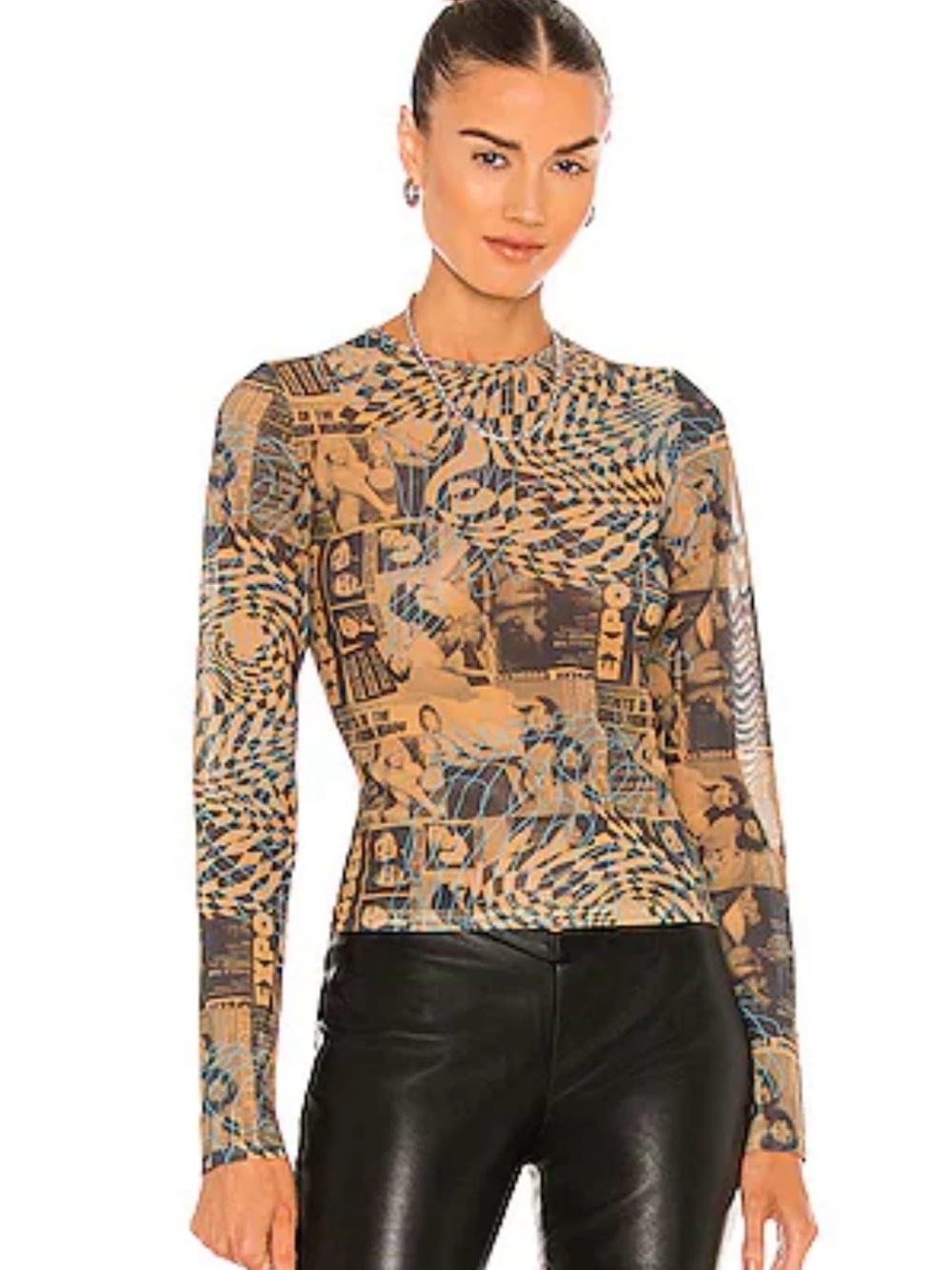 Miaou Print Long Sleeve Sheer Top Wanted - Medium